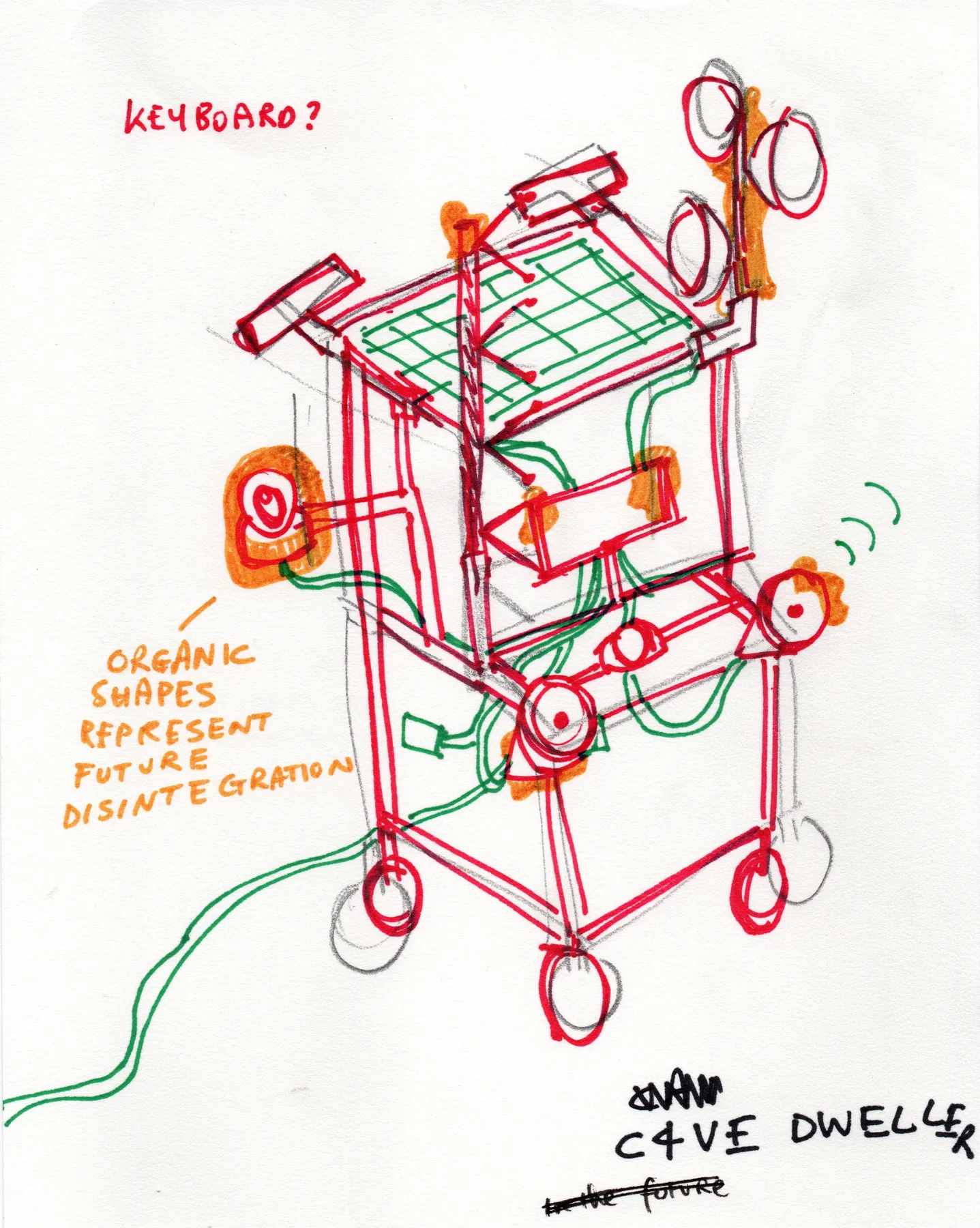 Colour concept sketch of a wheeled C4VE DWELLER structure with organic forms and connected devices.