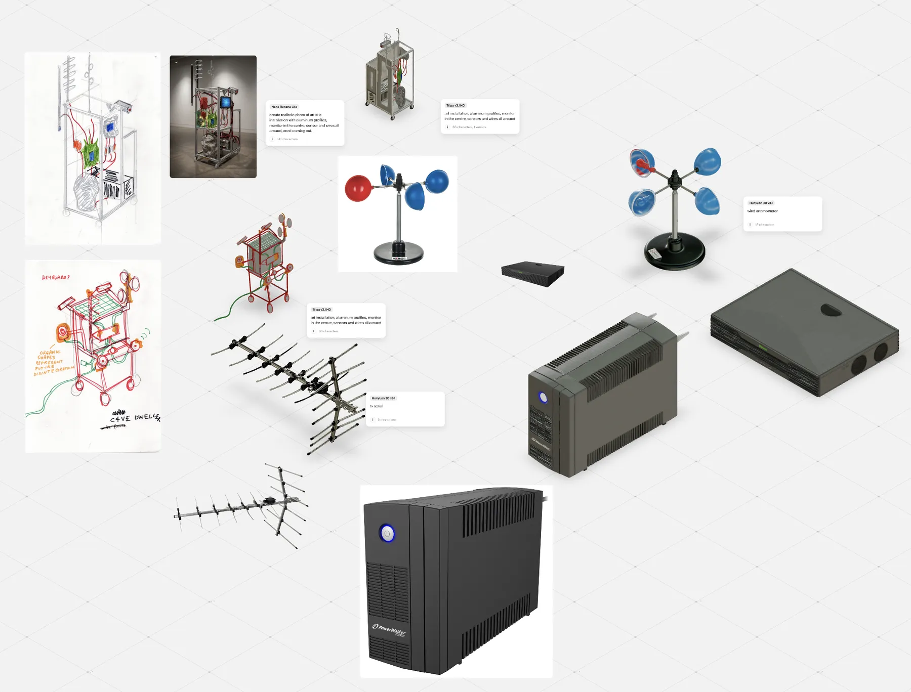 Research mood board combining installation sketches, antennas, anemometers and backup power equipment.