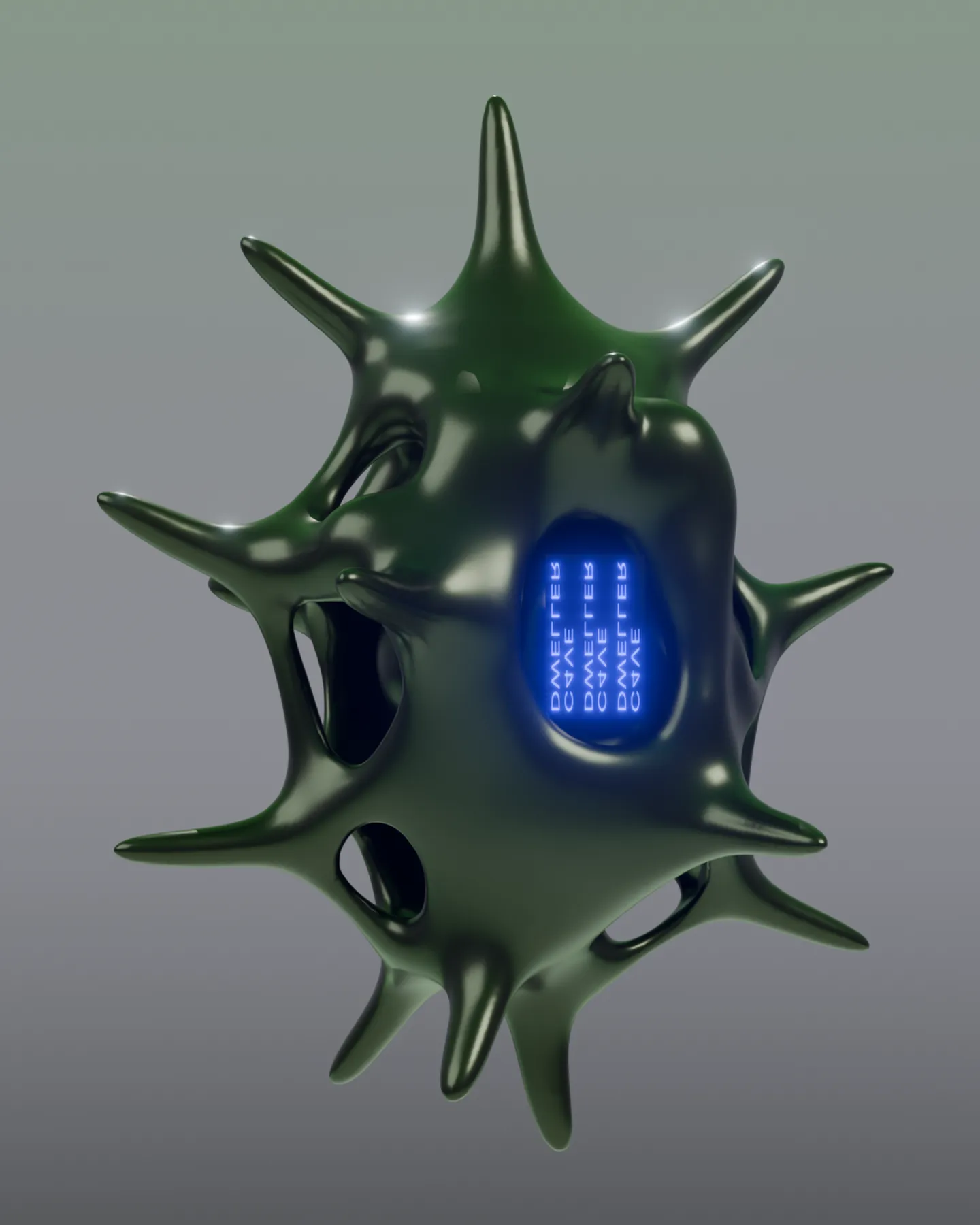 Digital rendering of a green spiked C4VE DWELLER form with a glowing blue display.