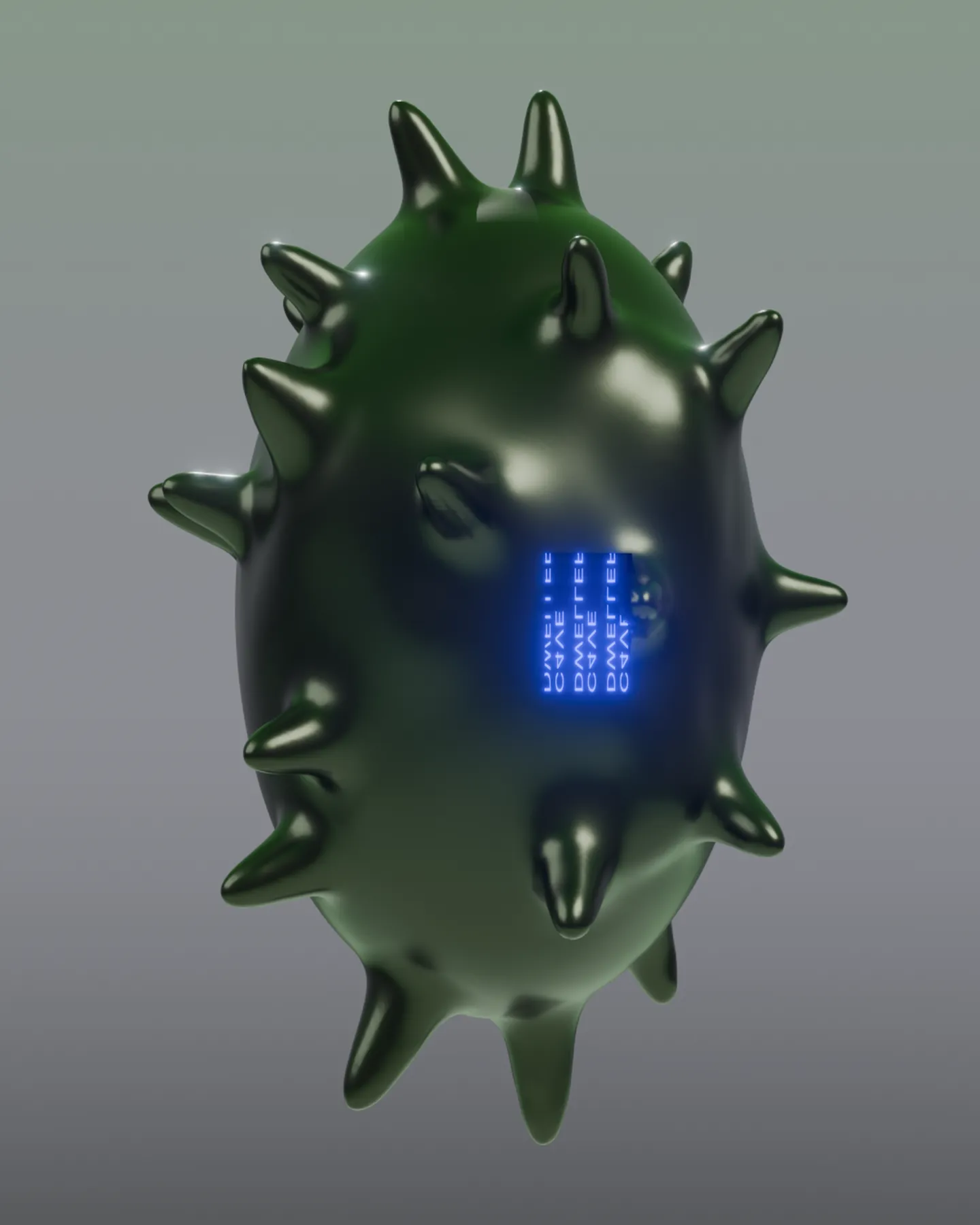 Digital rendering of the green spiked form from another angle, showing its blue display.
