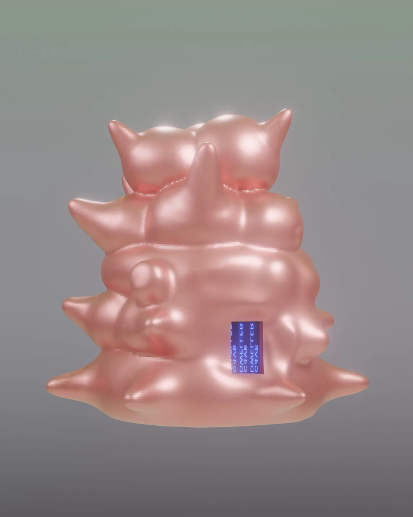 Digital rendering of a pink spiked C4VE DWELLER form with a small blue display.