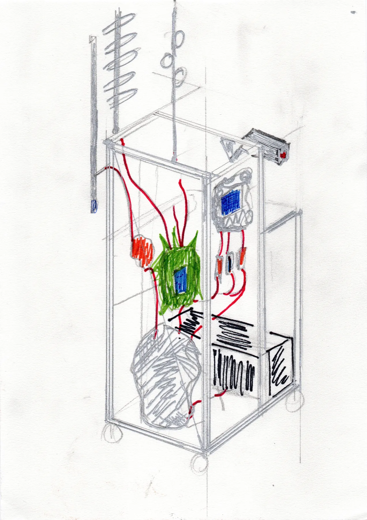 Concept drawing of a wheeled installation frame holding sculptures, wiring, a screen and antennas.