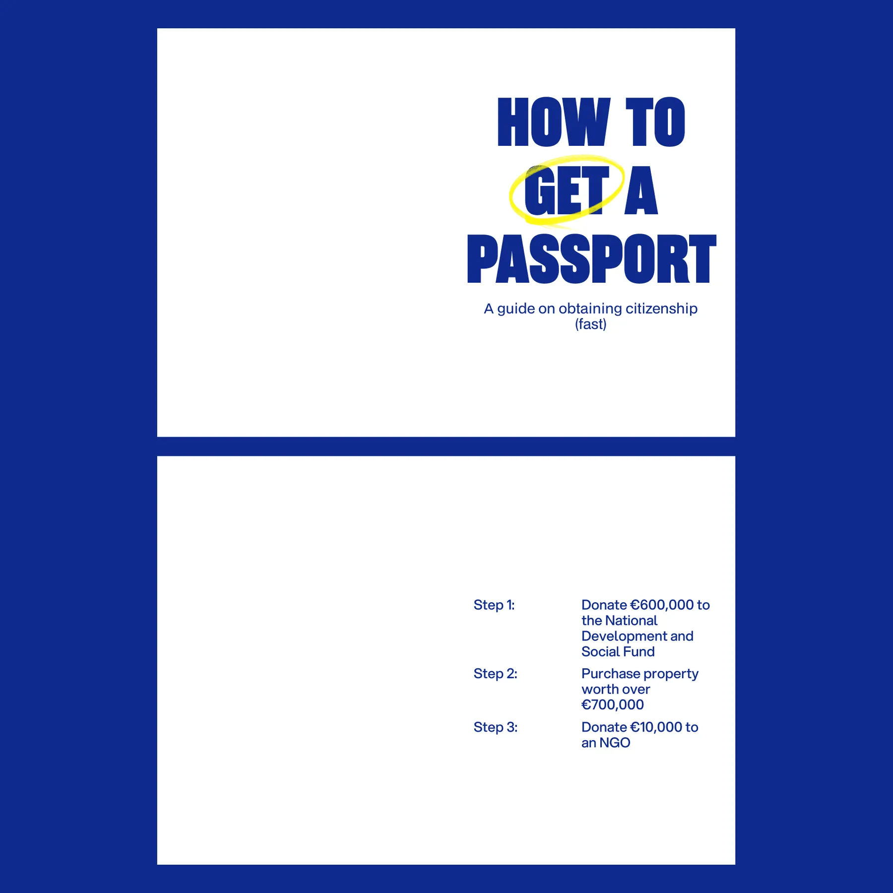 Stills from the How to get a passport video showing a satirical guide to obtaining citizenship.