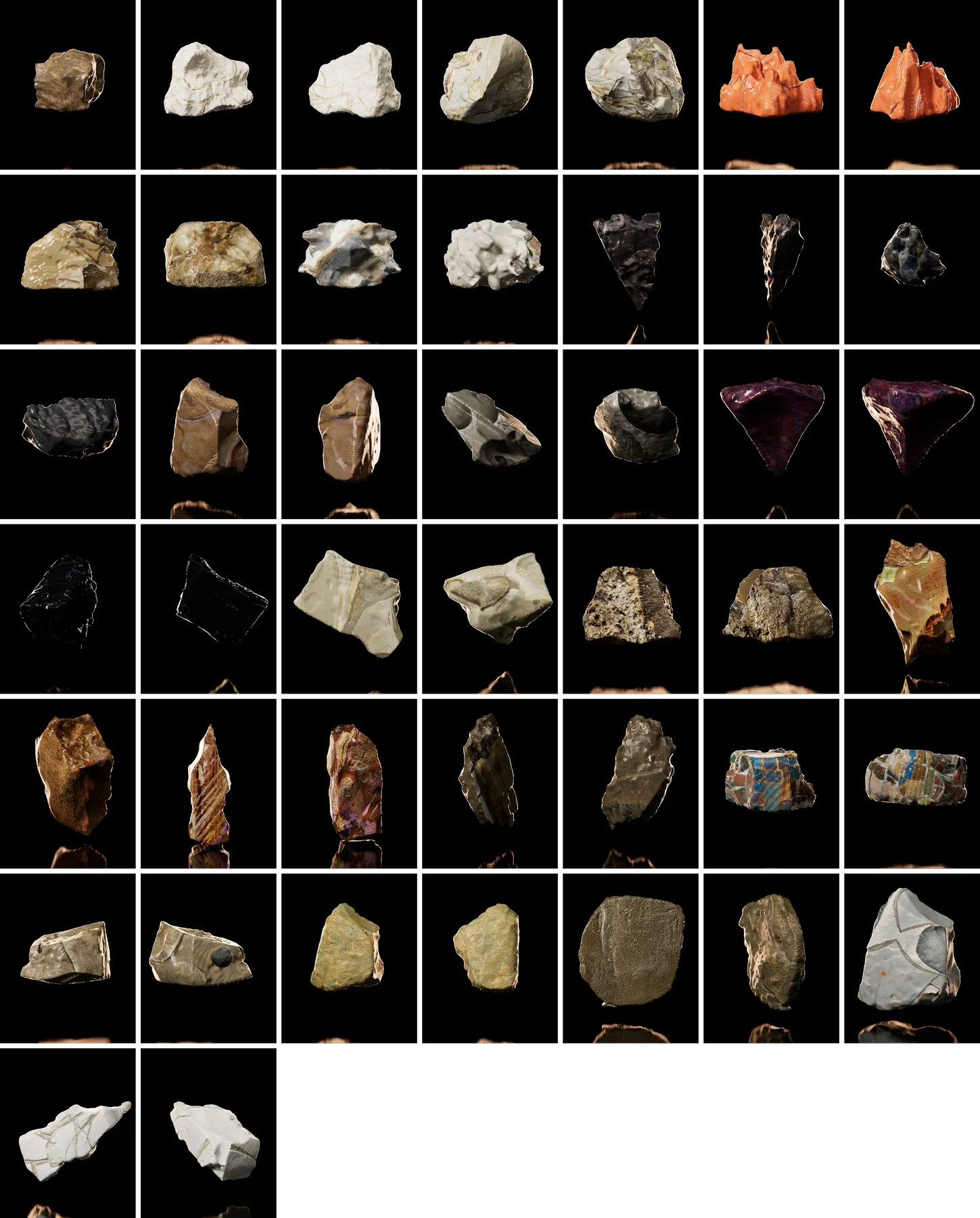 A grid of varied three-dimensional rock-like forms on a black background.